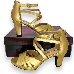 NEW Easy Street Gold Strappy Heels Size 8.5W Wide Ankle Strap Peep Toe Pumps NWT